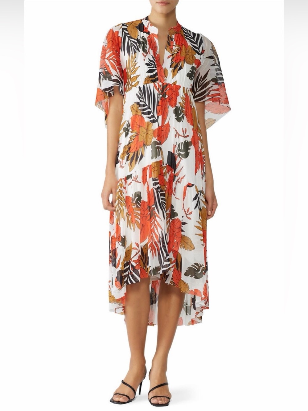 Fuzzi~Leaf Print Tulle High-Low White & Orange Floral Dress~Size Medium~$695~